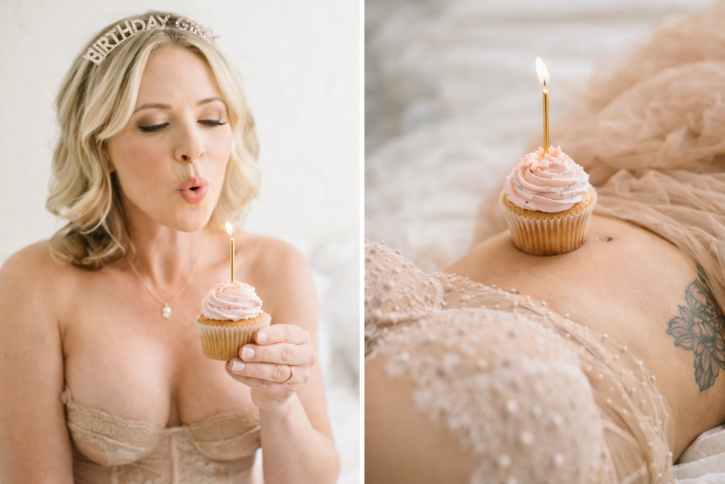 A woman celebrating her special day with a mini cupcake during a birthday boudoir photoshoot in a beautiful studio setting.