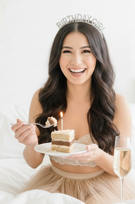 A woman smiling while celebrating her birthday with a mini cupcake during a birthday boudoir photoshoot.
